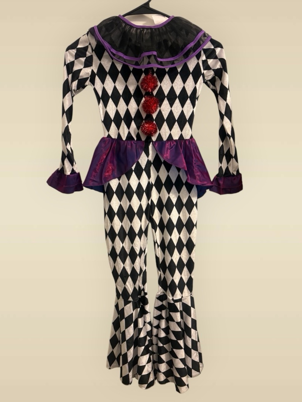 Spirit Black, White & Purple Harlequin Jester Costume with Red Pom-Poms
